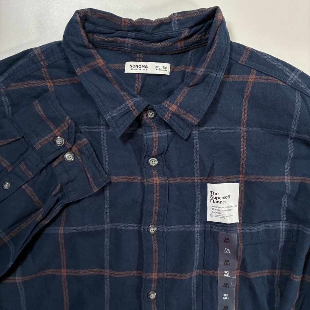 NEW Sonoma Flannel Shirt 3XLT Tall Navy Blue Plaid Supersoft Cotton Button
